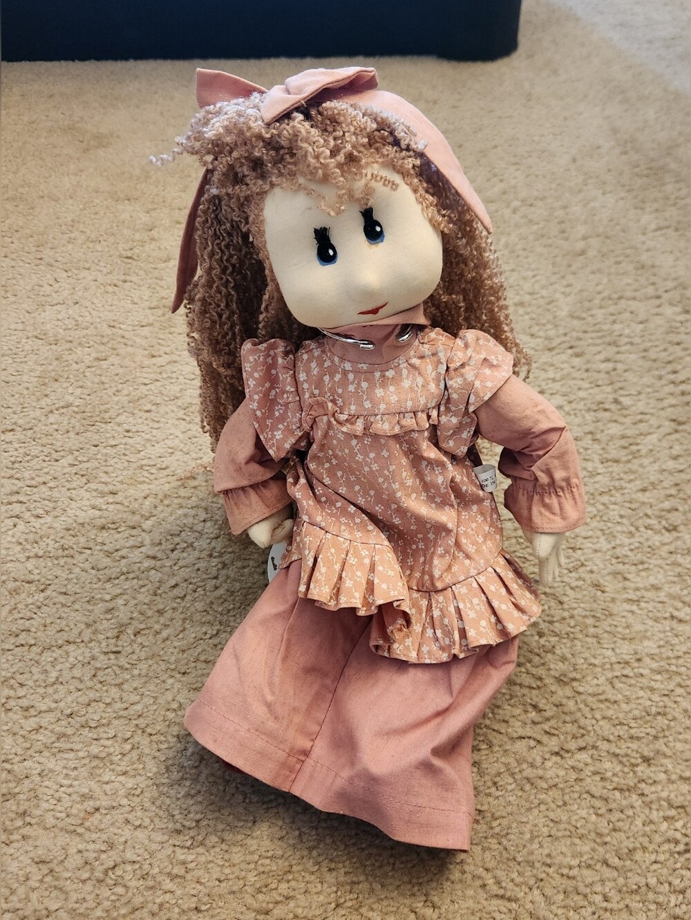Made In Thailand 100% Cotton Doll Curly Brown Hair Pink Dress Bow Blue Eyes 15"